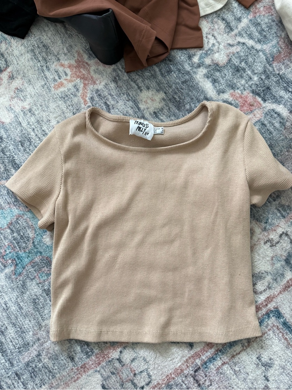 Princess Polly Tan Ribbed Short Sleeve Crop Top